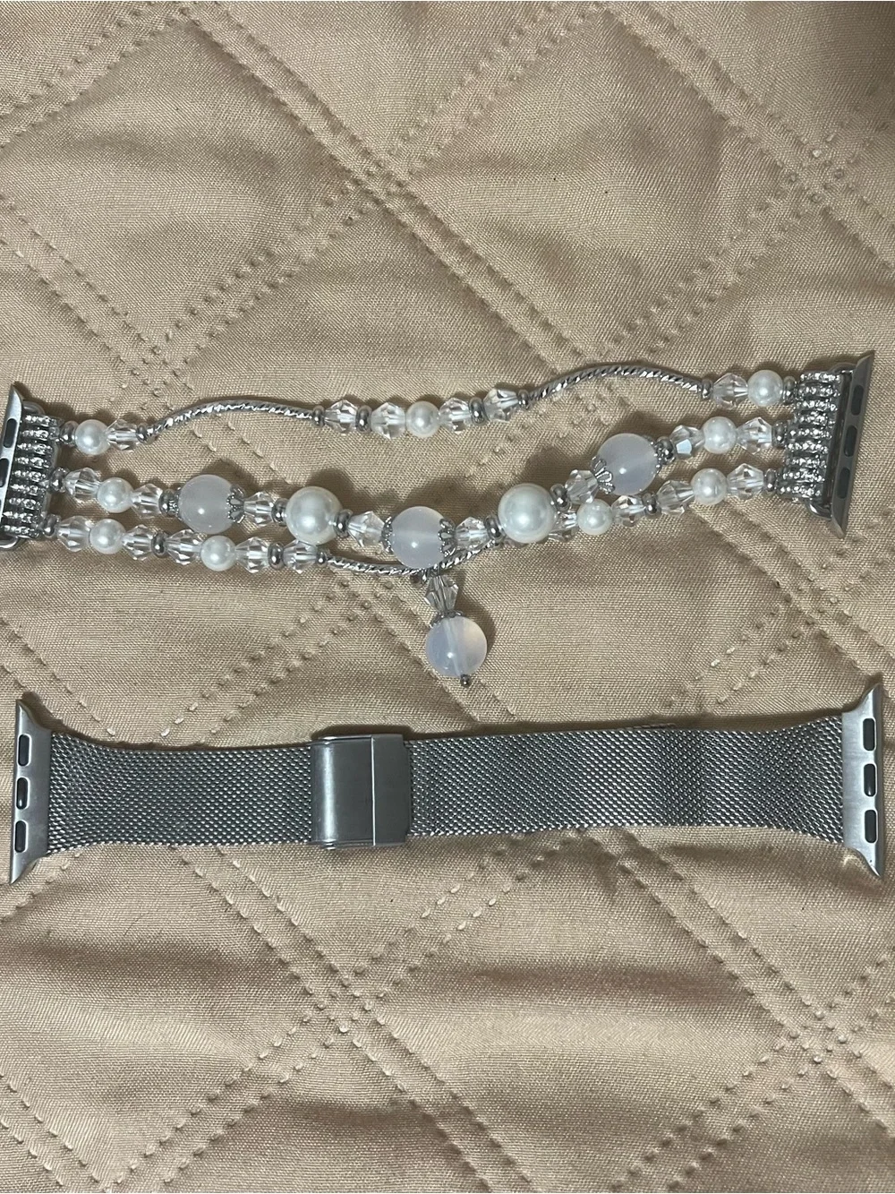 Set of 2 -Silver/Black Stretch Beaded Apple Watch Band and Black Metal Mesh Band
